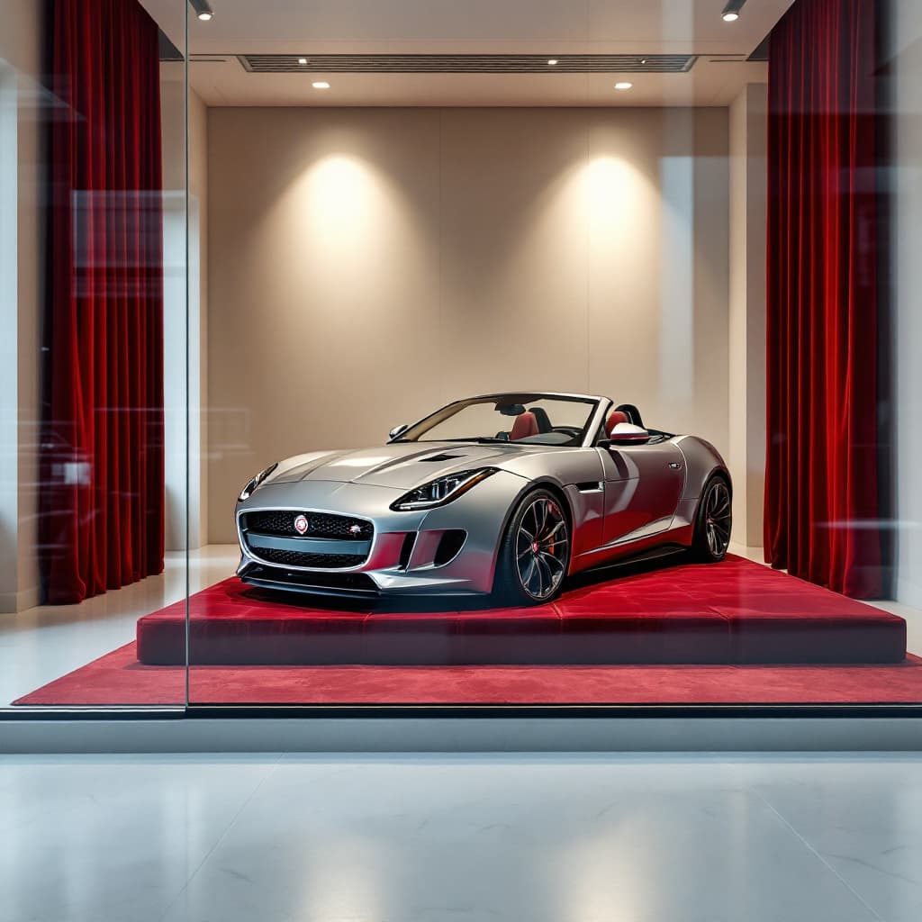 AI generated: Photography, front view, focus on a shop window, model of a silver Jaguar F-Type convertible, seen f...