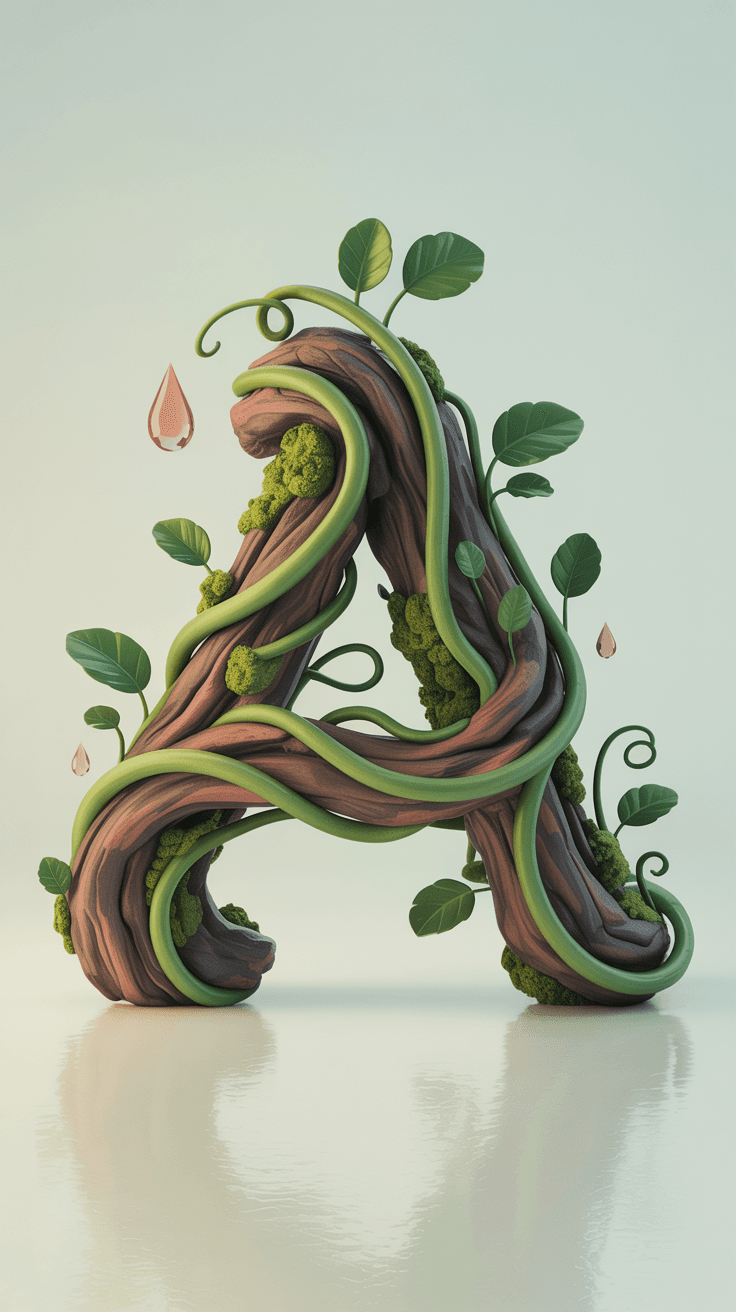 AI generated: Sculpt the letter a as a 3D organic structure made of twisting vines, curling tendrils, and sproutin...