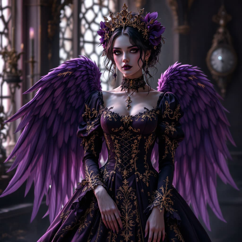 AI generated: A Fallen Angel as a Gothic Lolita Fashion Designer, showcasing their elaborate creations in a dark a...