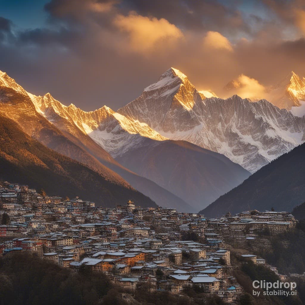 AI generated: A majestic sunrise over the snow-capped peaks of Mt. Everest, with the Namche Bazar village in the b...
