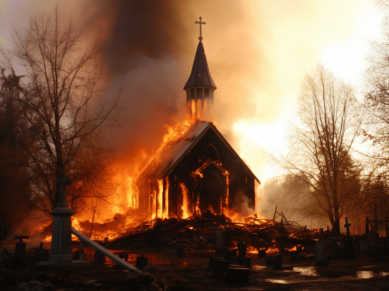 AI generated: A burning church in Sweden, seen from the graveyard on a sunny day, the photo was posted on Reddit i...