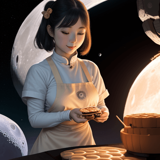 AI generated: Very well endowed girl making mooncakes on the moon
