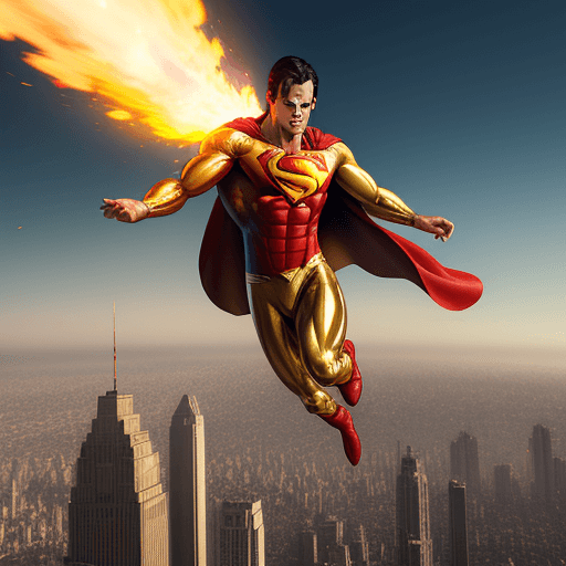 AI generated: Golden superman, flies over burning city