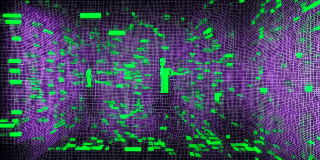 AI generated: A siluette of a programmer standing in front of AI technologies looking at the matrix code data holo...
