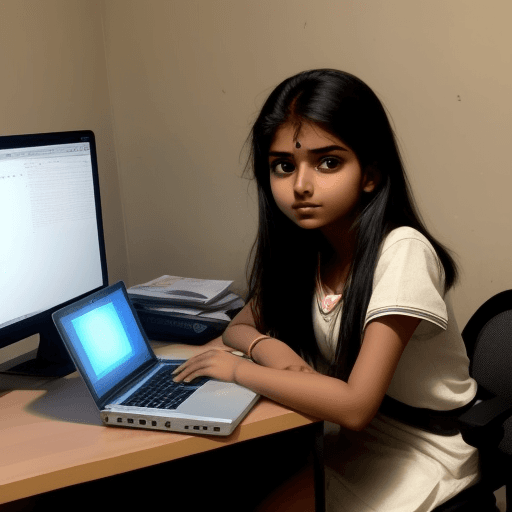 AI generated: a beautifull indian girl is 18 years old, sitting on news table with laptop, looking front of screen