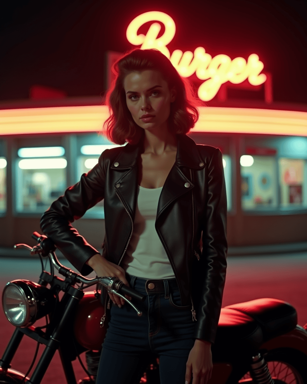 AI generated: vintage photo of a 21 year old german girl, with (50s style black leather jacket), skinny black jean...