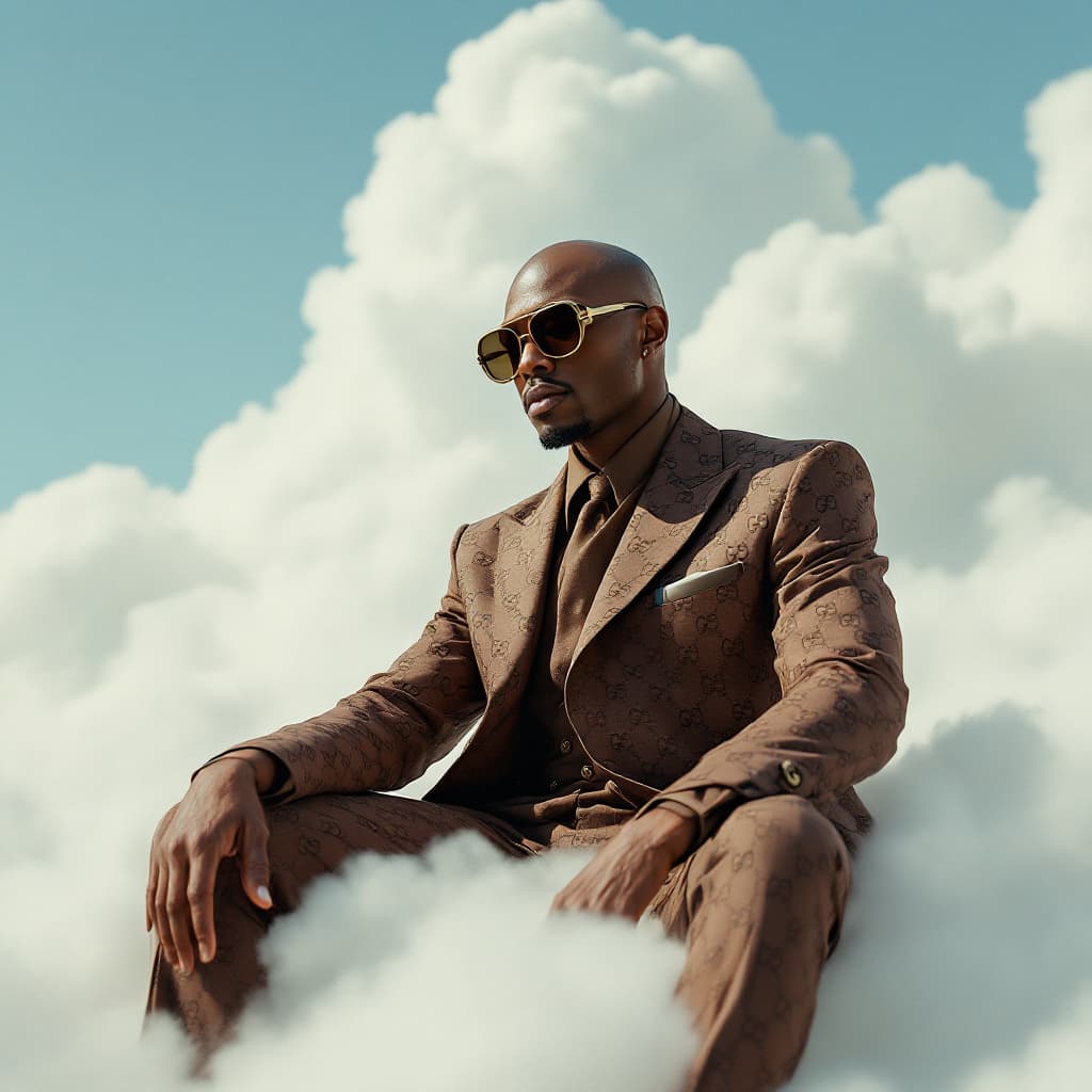 AI generated: A photo of an eccentric black man sitting on top of white fluffy clouds wearing big sunglasses and a...
