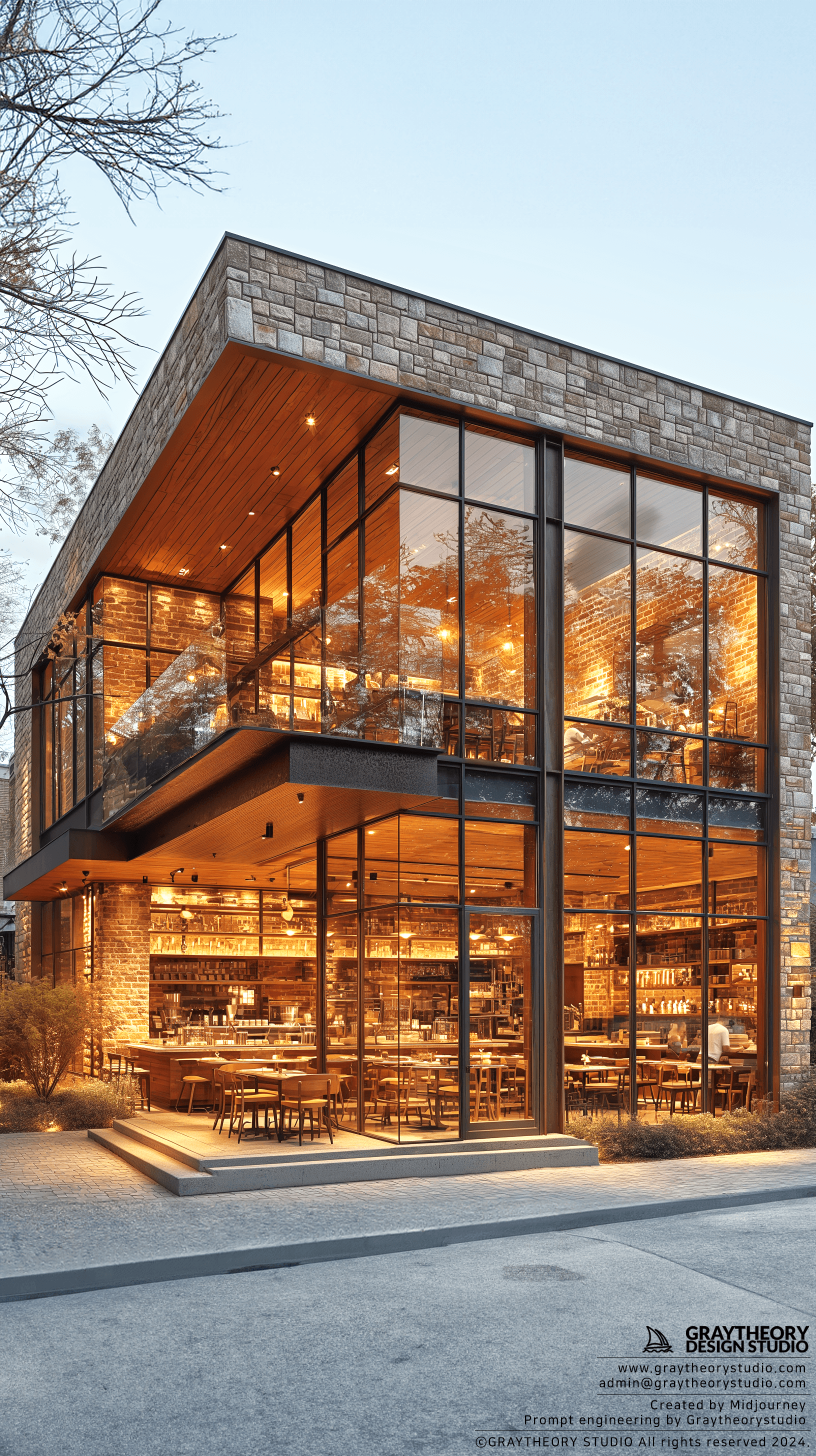 AI generated: Design a modern and minimalist cafe facade, focusing on the juxtaposition of weathered bricks and ex...