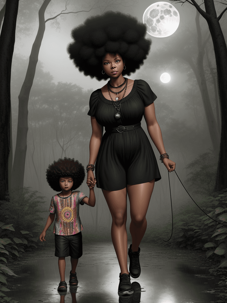 AI generated: black woman and son, walking in the forest,curly  afros, woman in sundress, child in shorts, america...