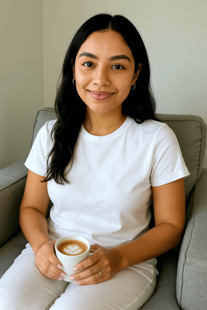 AI generated: Met cette fille sur un canapé en pyjama en train de prendre un café comme ci c’était le matin 