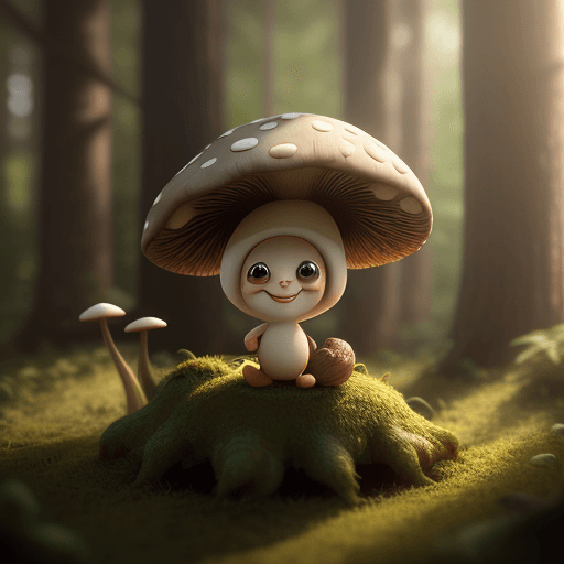 AI generated: cute little guy like mushroom in forest, happy and smiling, big cute eyes, ambient light cinematic l...