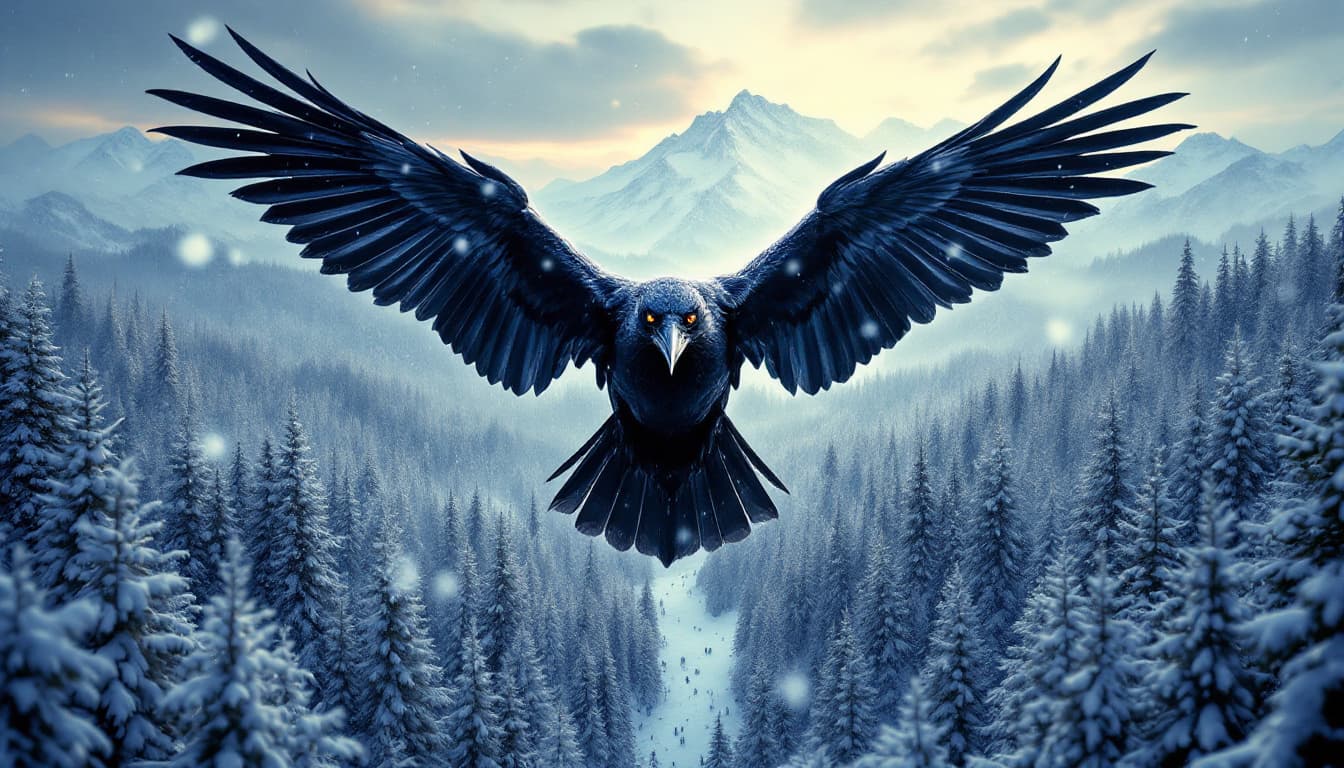 AI generated: Black crow, looking straight ahead, soaring through the sky, overlooking the forest floor above a va...