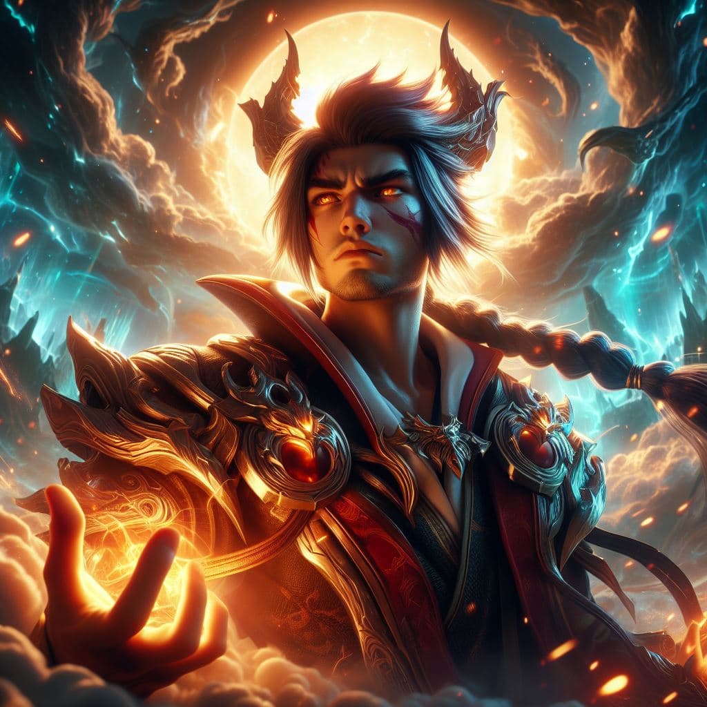 AI generated: Yasuo, the character from League of Legends, adorned in the Spirit of the Forest Yasuo skin, amidst ...