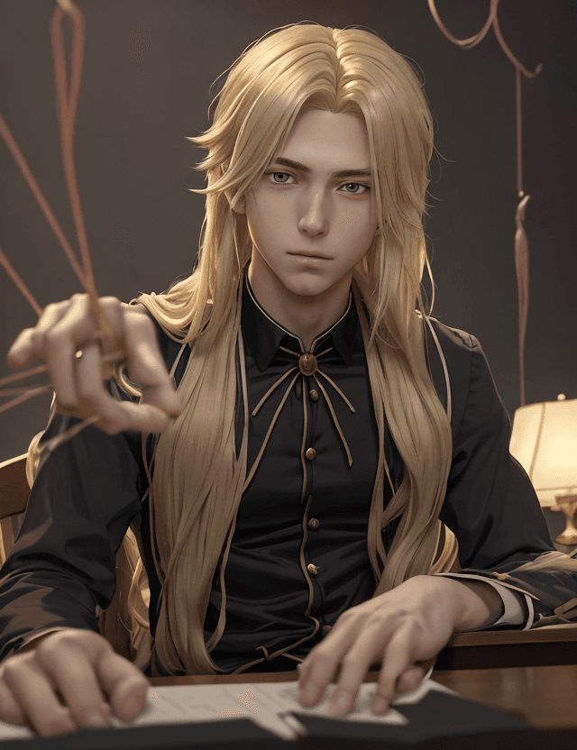 AI generated: -style anime  .A young man in his 20s with a moderate build and long blonde hair,The young man's han...