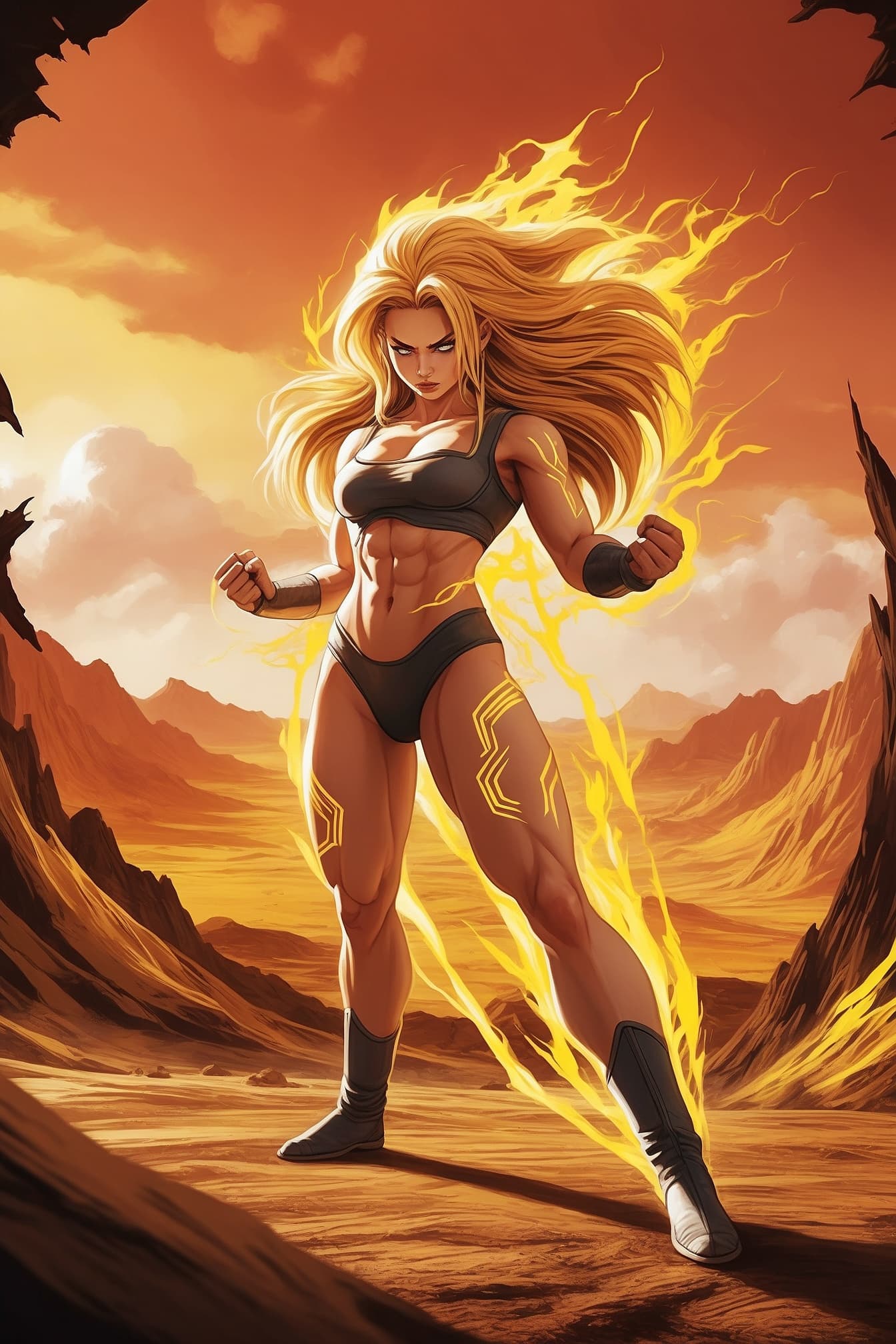 AI generated: A dramatic, high-fashion portrait of a powerful female warrior, inspired by Goku, set against a brea...