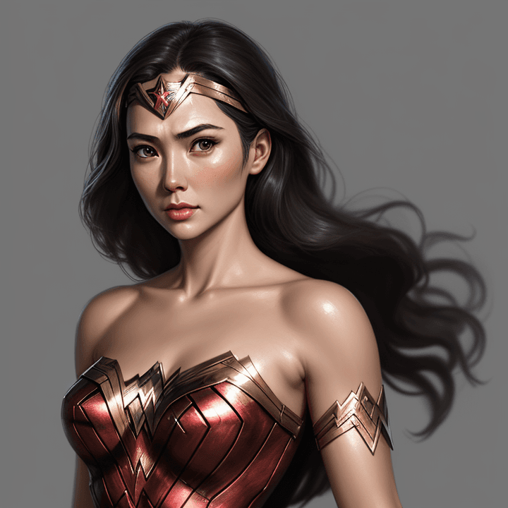 AI generated: Wonder Woman Dress up, Delicate Smooth female, bust Portrait, Asian actress face, super Clear facial...