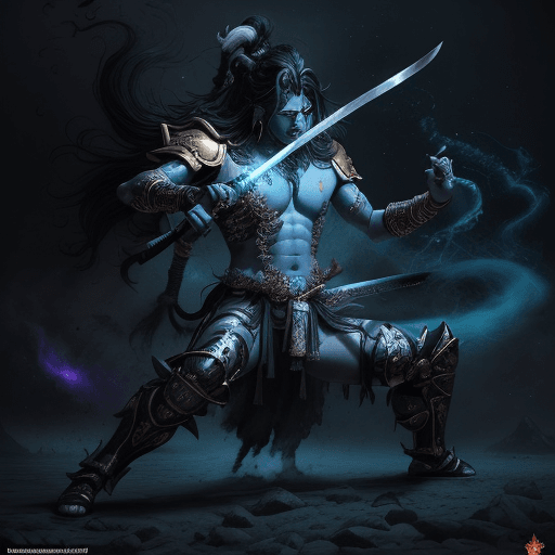AI generated: Lord Shiva in action and unleashing an attack against enemies with his mystical katana in a grim bat...