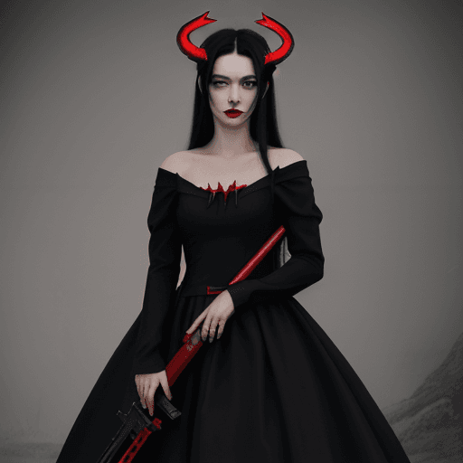 AI generated: High quality, black and red dress, holding rifle with bayonet, long red to black hair, makeup, horns...