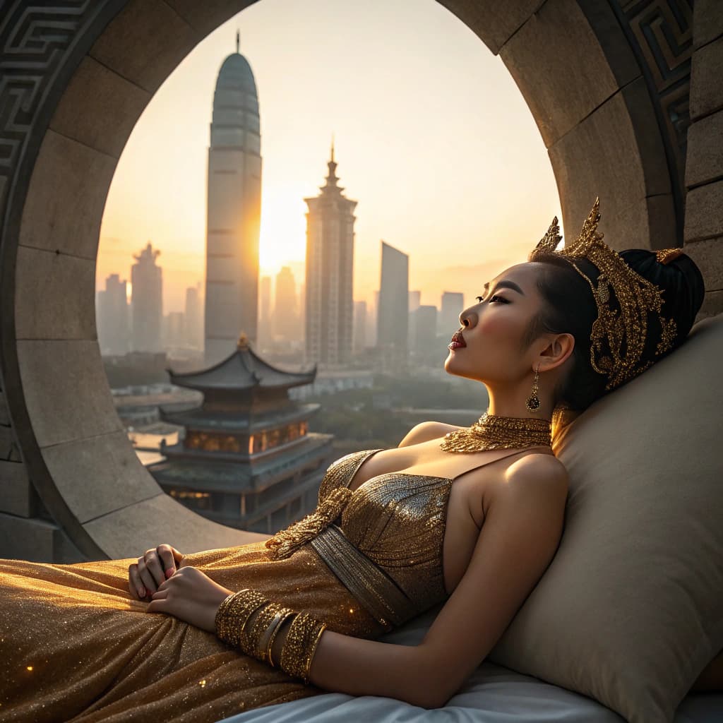 AI generated: An elegant woman, wearing intricate gold jewelry and an ornate headdress. Within a circular stone ar...