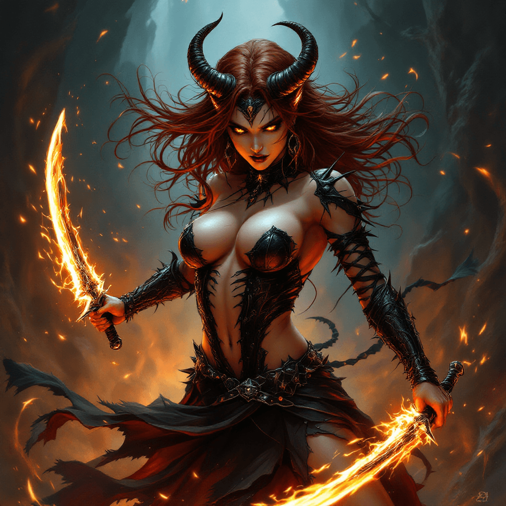 AI generated: 27. The Demon Blade Dancer: A fierce and seductive warrior with long, dark auburn hair that seems to...