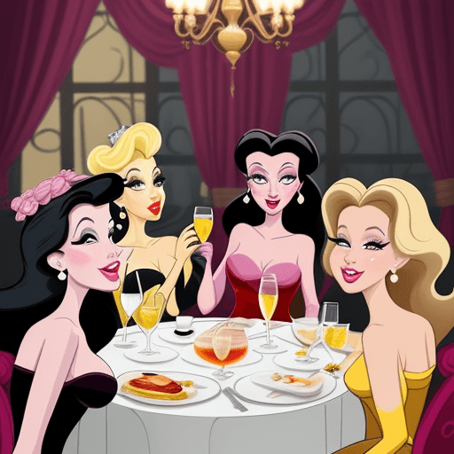 AI generated: A group of glamorously dressed women are enjoying brunch. They're sipping champagne in a fancy resta...