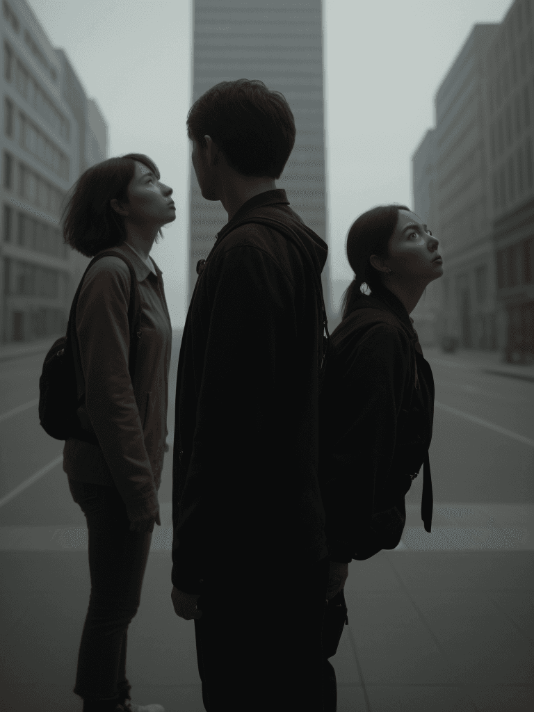 AI generated: two people standing back to back, one person looks up and one person looks down, cinematic, 8k