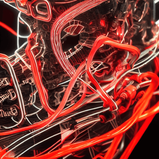 AI generated: Ultra-detailed cyborg skull connected with wires, tubes, cables, and other synthetic connections on ...