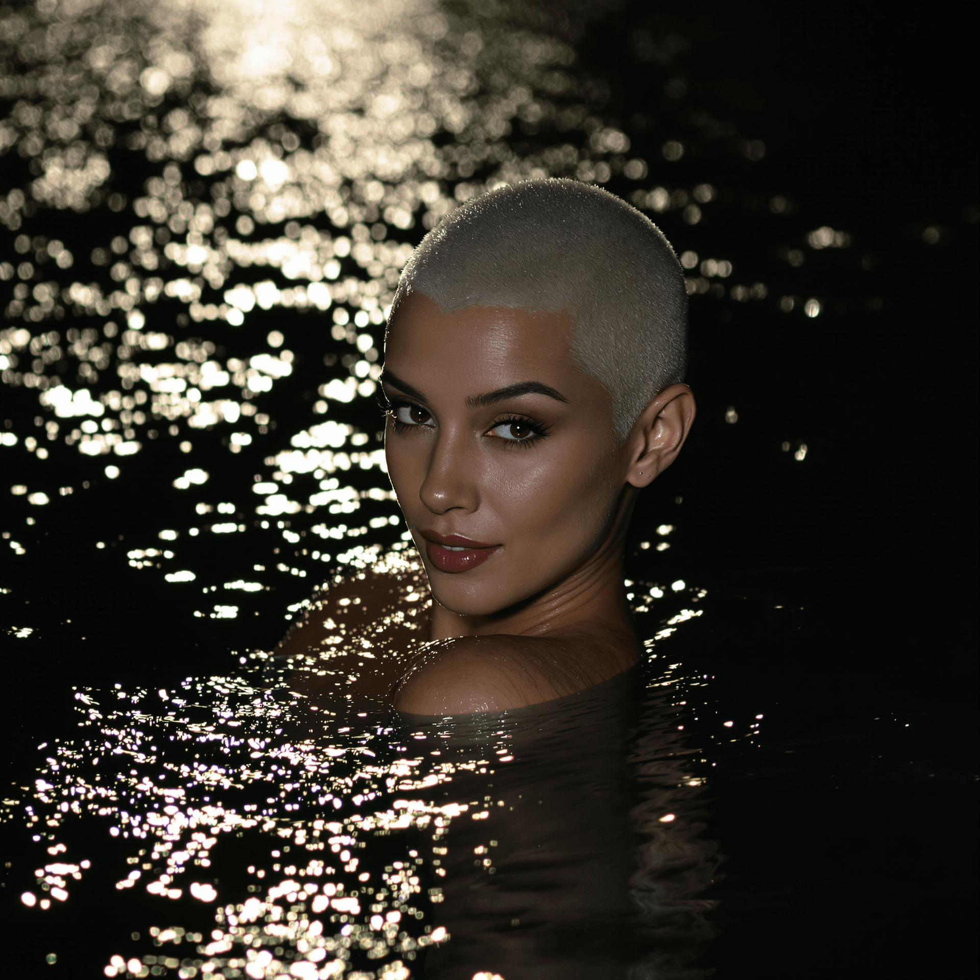 AI generated: A captivating, high-resolution night photograph of a graceful, young, and slender woman with a strik...