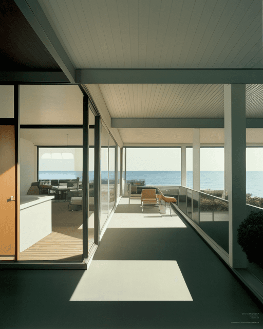 AI generated: Hyper realistic eye level exterior photo of a mid century modern style house overlooking the ocean, ...
