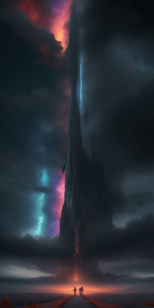 AI generated: Giants standing together against the falling sky , epic , 8k , hd , colorful , skyfall