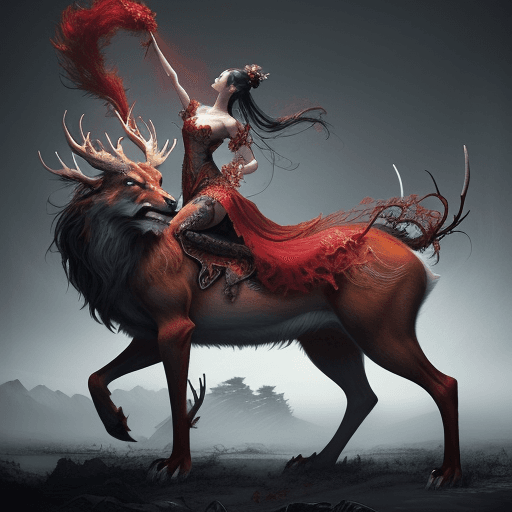 AI generated: Envision a breathtaking image where a Chinese beauty stands
alongside a majestic stag, seamlessly bl...