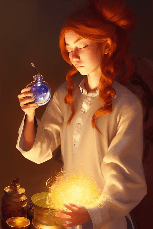 AI generated: (painting of an alchemist making an elixir), big dreamy eyes, beautiful intricate colored hair, symm...