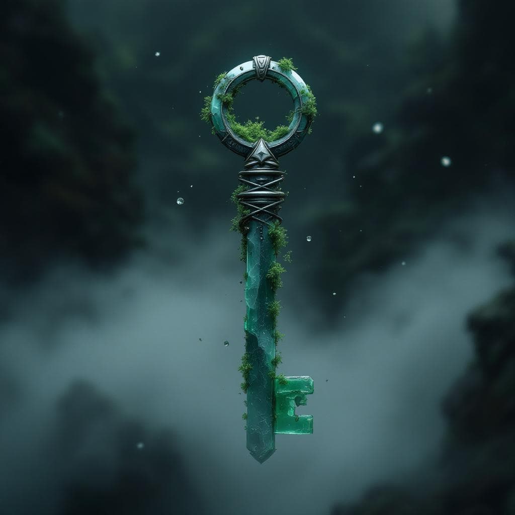 AI generated: Create a key made of Moss Agate with metal and moss at the hilt and the teeth of the key are made ou...