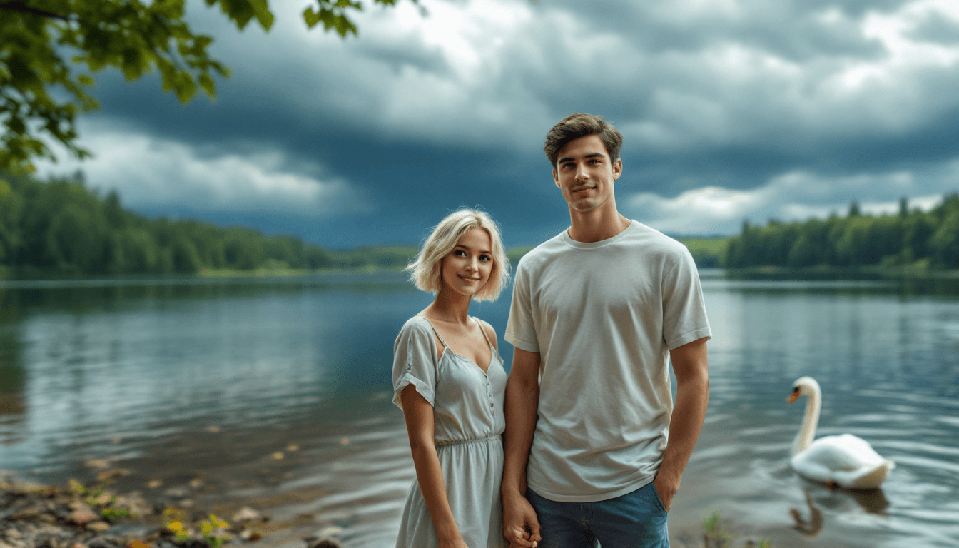 AI generated:   summer day by a lake surrounded by a leafy forest, with a storm approaching. A girl and a boy are ...