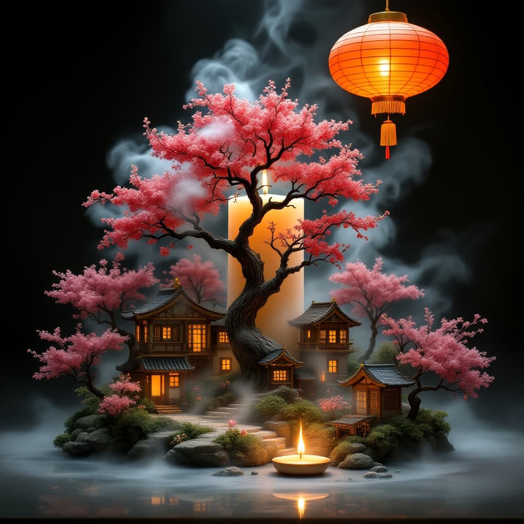AI generated: The image depicts an intricately designed candle holder that resembles a miniature landscape scene. ...