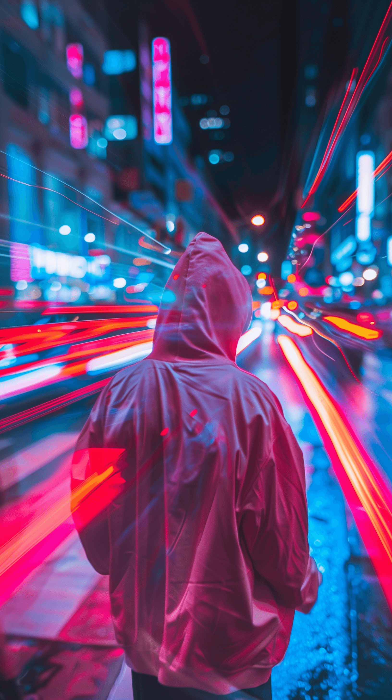 AI generated: photography, vibrant street capturing a man model in motion at night, wears over-fit hoodie with spo...