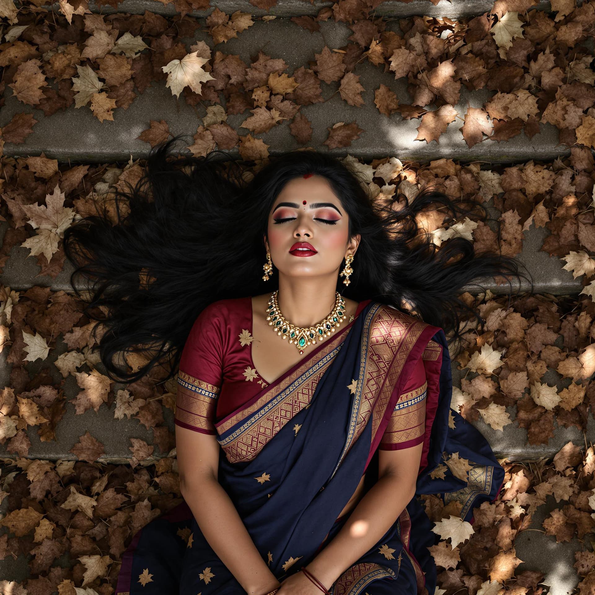 AI generated: a Kerala woman, from above, lying on old stone stairs in covered in dead leaves, Kerala Saree dress,...