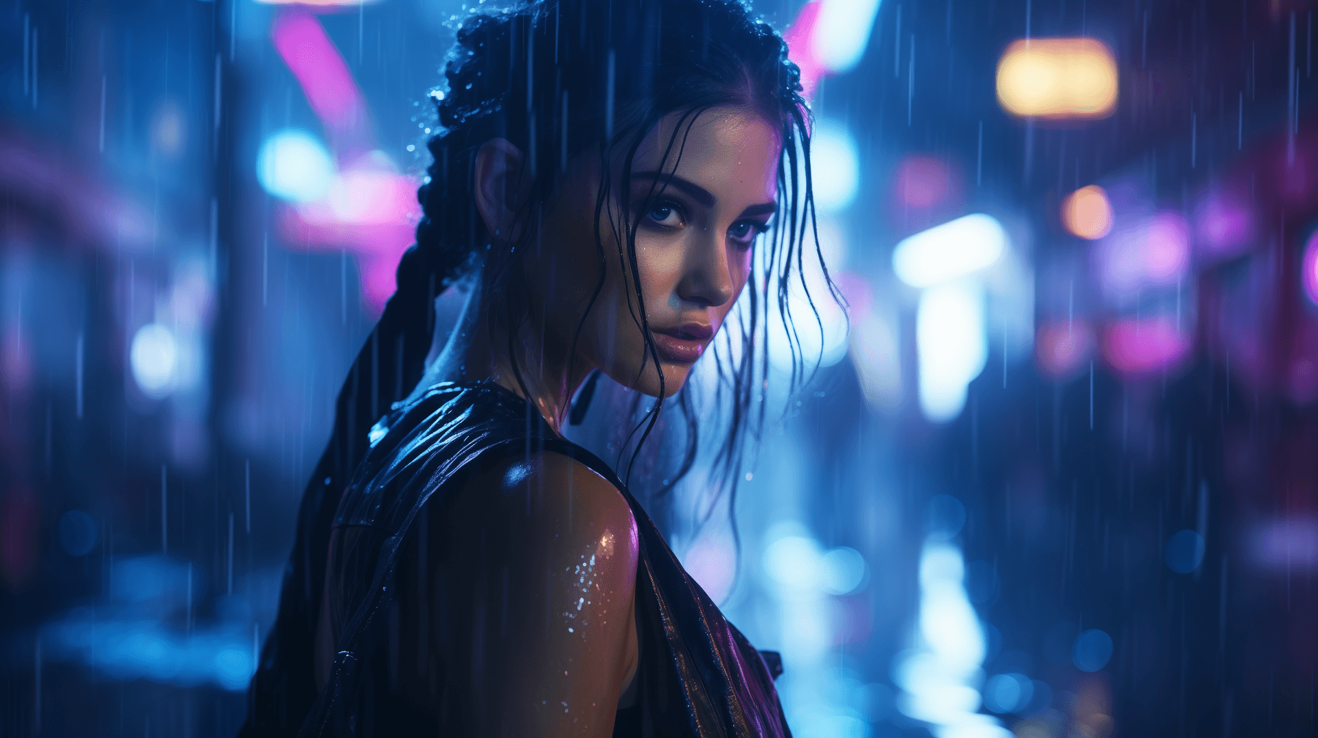 AI generated: Futuristic dystopian city, night setting, cyberpunk young woman wearing latex, captured from 5 meter...