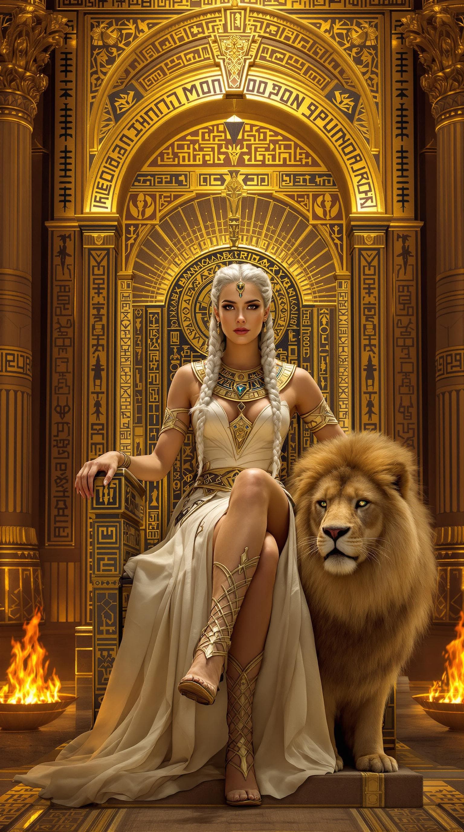 AI generated: Nordic warrior queen on Egyptian golden throne, ((perfect facial features)), long silver-white braid...