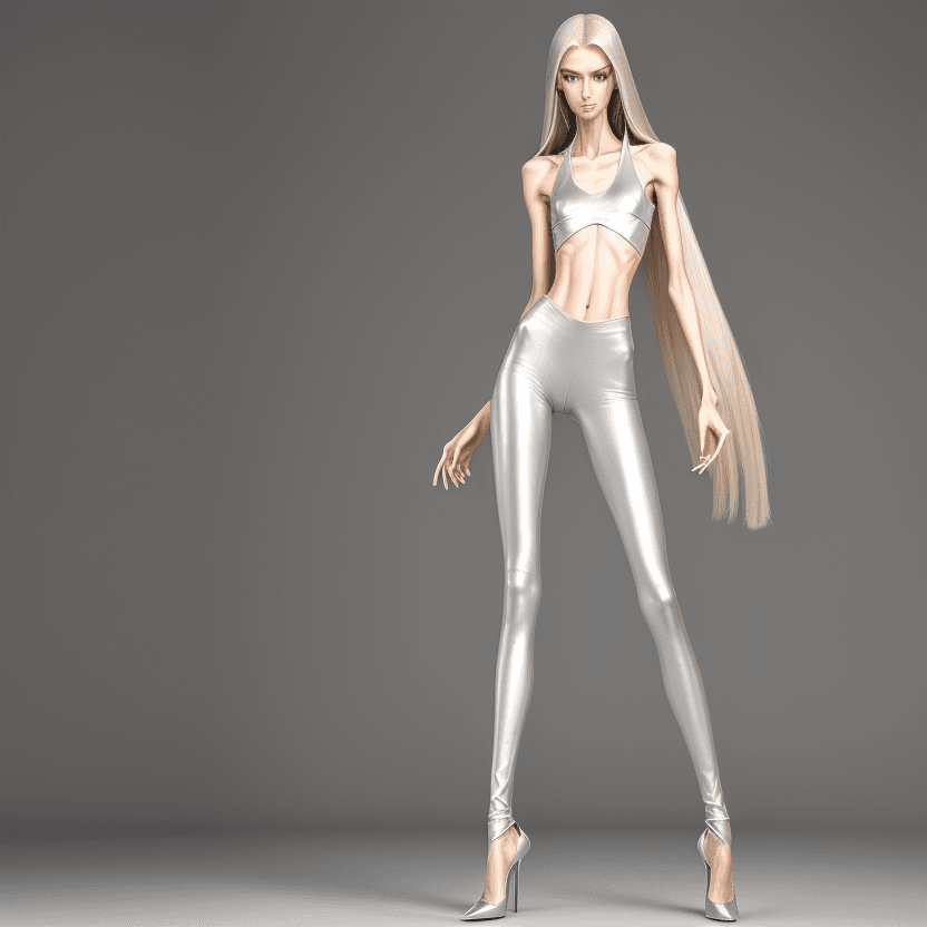 AI generated: photo of an extremely skinny, flat-chested model with extreme long and skinny legs with extreme long...