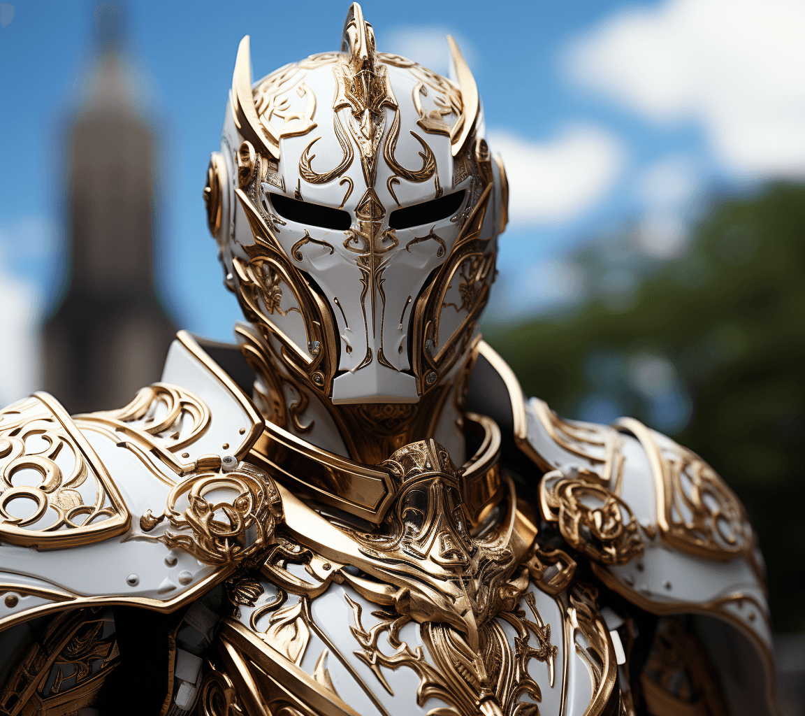 AI generated: a high class knight is in action, in the style of rendered in unreal engine, dark gold and white, cl...