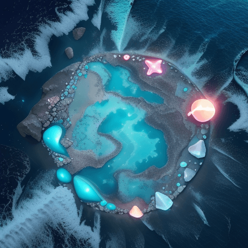 AI generated: the beach nearby is full of colorful glowing stones in the distance, large moons, fluorescent oceans...