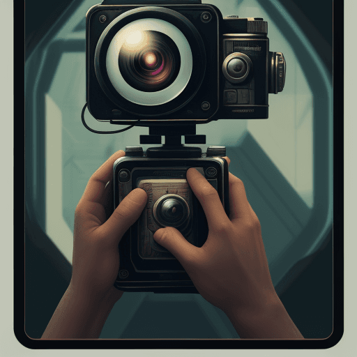 AI generated: handheld device retro sci-fi with camera and pixel screen