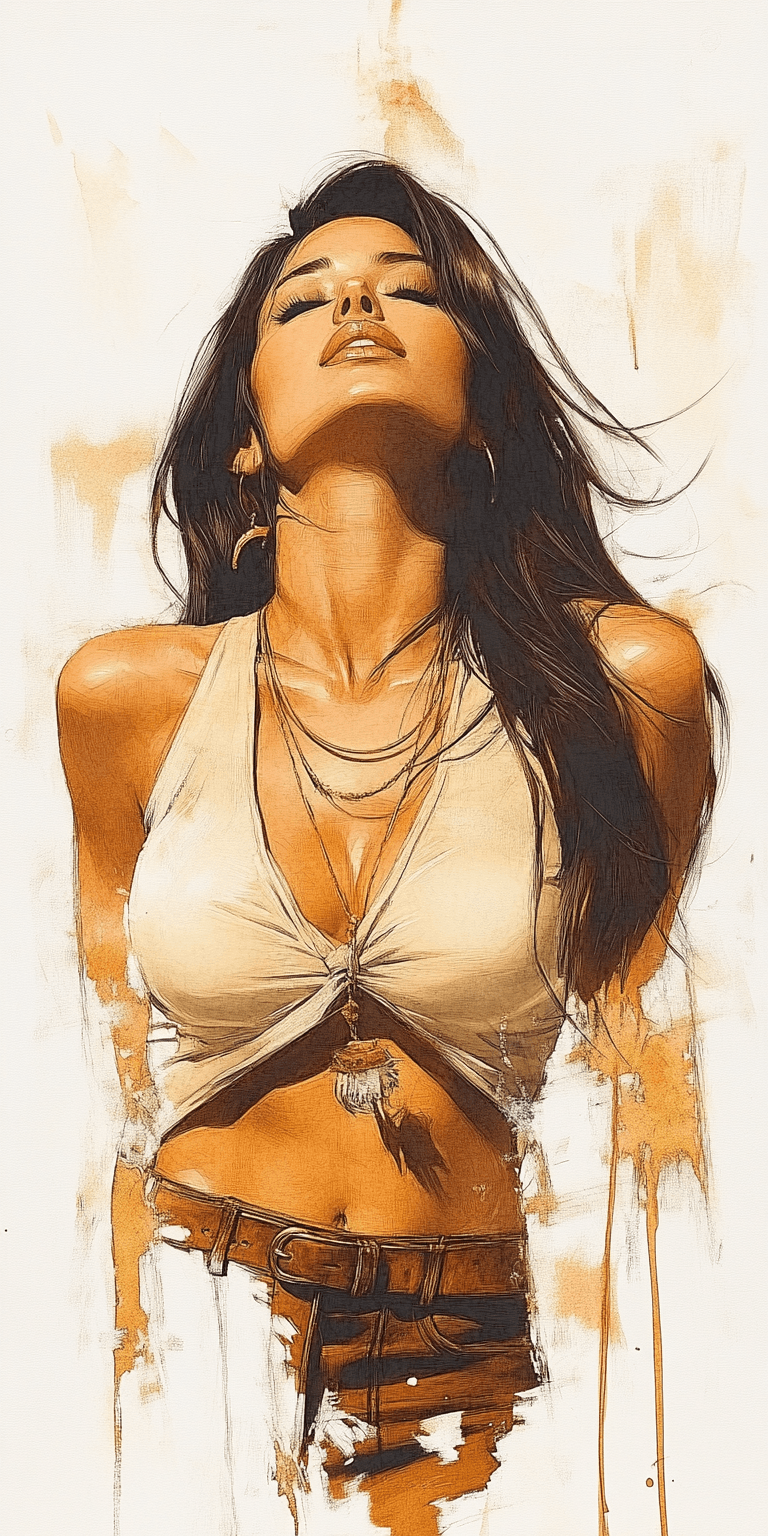AI generated: A drawing of an attractive woman in the style of Frazetta, ink on paper, minimalistic, white backgro...