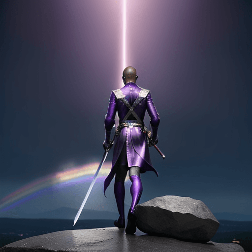 AI generated: purple coated man walks to rock and puts his sword into it. the rock starts sparkling and shining in...