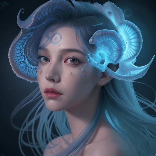 AI generated: Goddess close-up portrait ribcagel. jellyfish phoenix head, nautilus, orchid, skull, betta fish, bio...