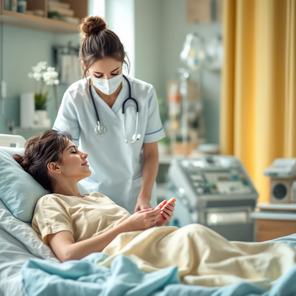 AI generated: A peaceful nurse in a patient bedside with trolley to administer a medication to her patient,
