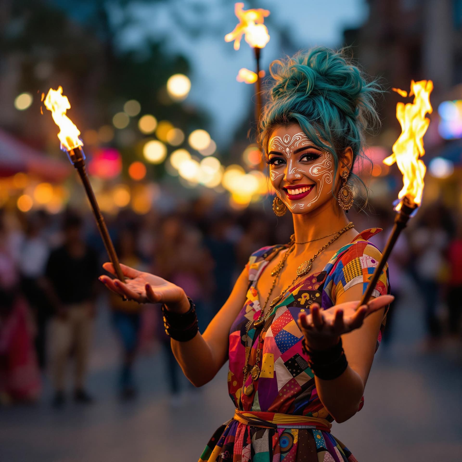 AI generated: A lively Indian street performer in her early 30s captivates a small crowd in a bustling city square...