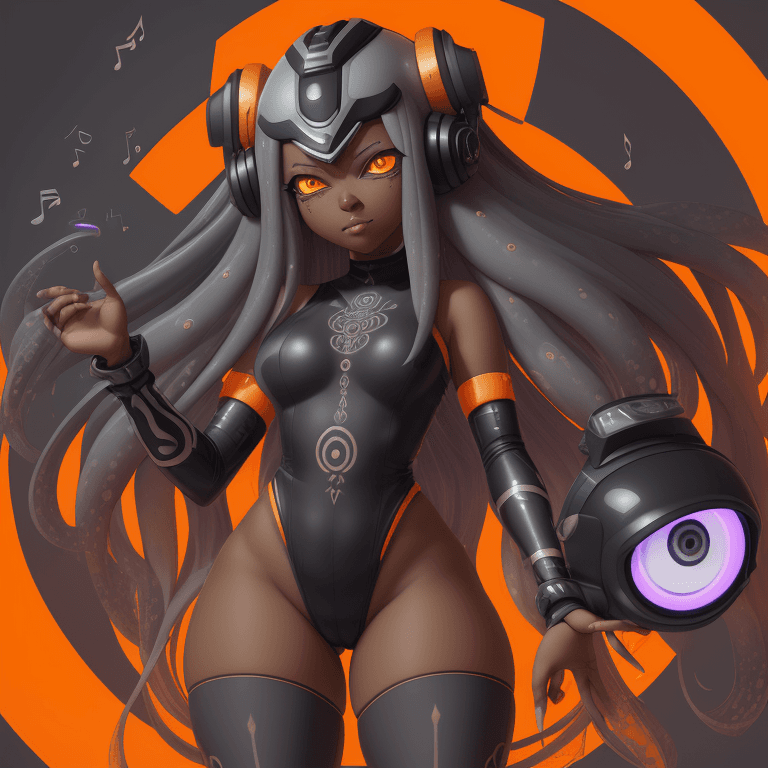 AI generated: inkling adult goddesses, long hair, dark skin, leotard, thick thighs, speakers on helmet headset, sm...