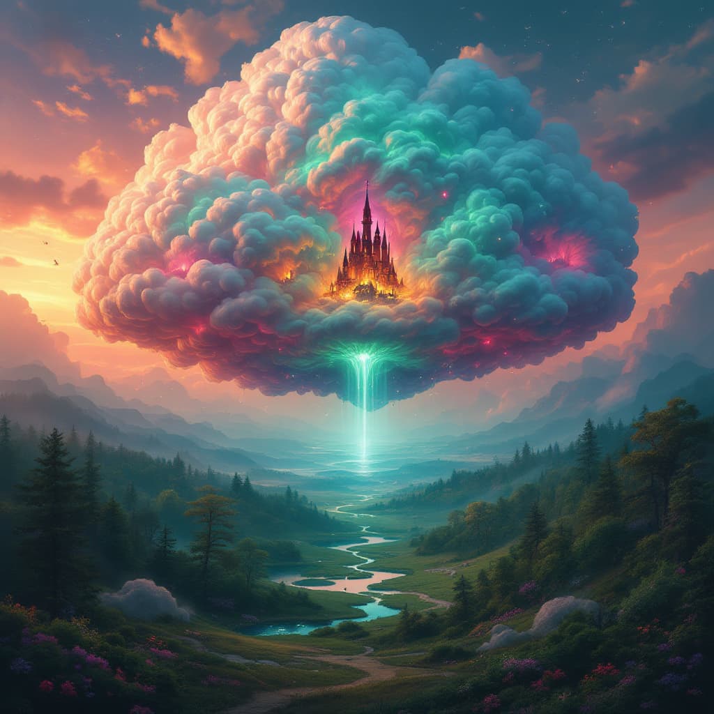 AI generated: A fantastical fairytale scene reimagined in vivid, jewel-toned hues, featuring a colossal, enchanted...